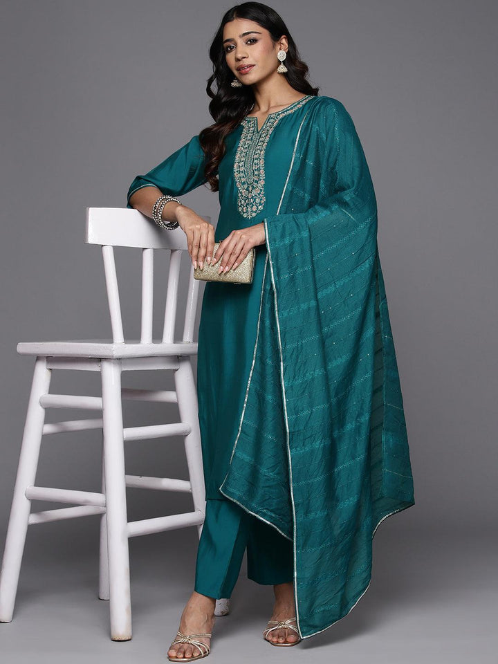 Teal Yoke Design Silk Blend Straight Kurta With Trousers & Dupatta - Libas