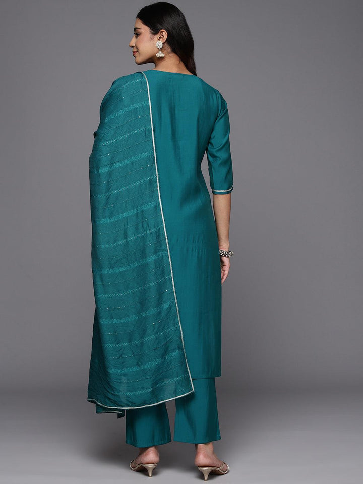 Teal Yoke Design Silk Blend Straight Kurta With Trousers & Dupatta - Libas