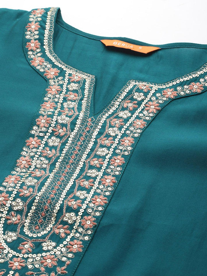 Teal Yoke Design Silk Blend Straight Kurta With Trousers & Dupatta - Libas