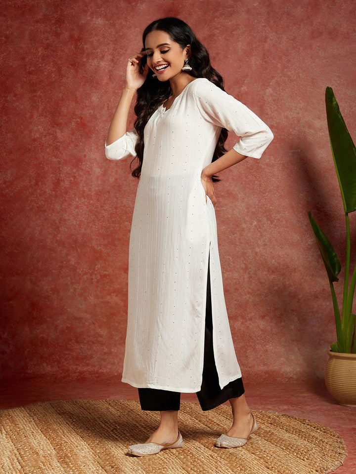 White Embellished Rayon Straight Kurta - Libas