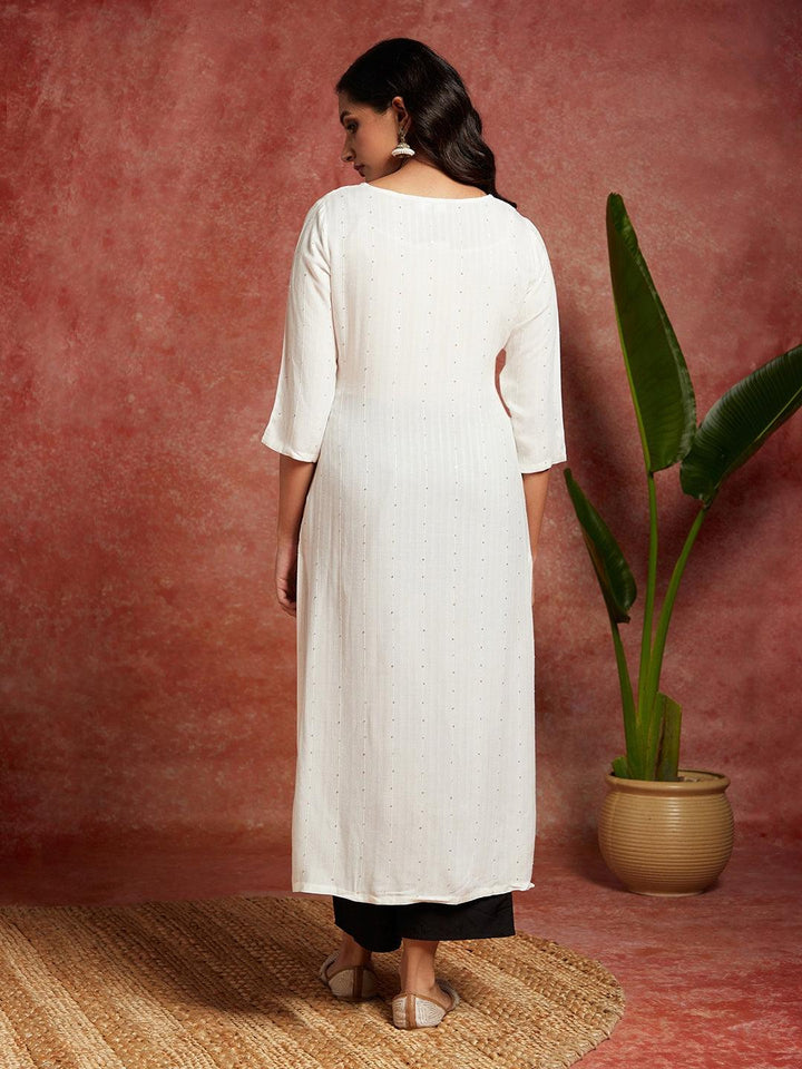 White Embellished Rayon Straight Kurta - Libas