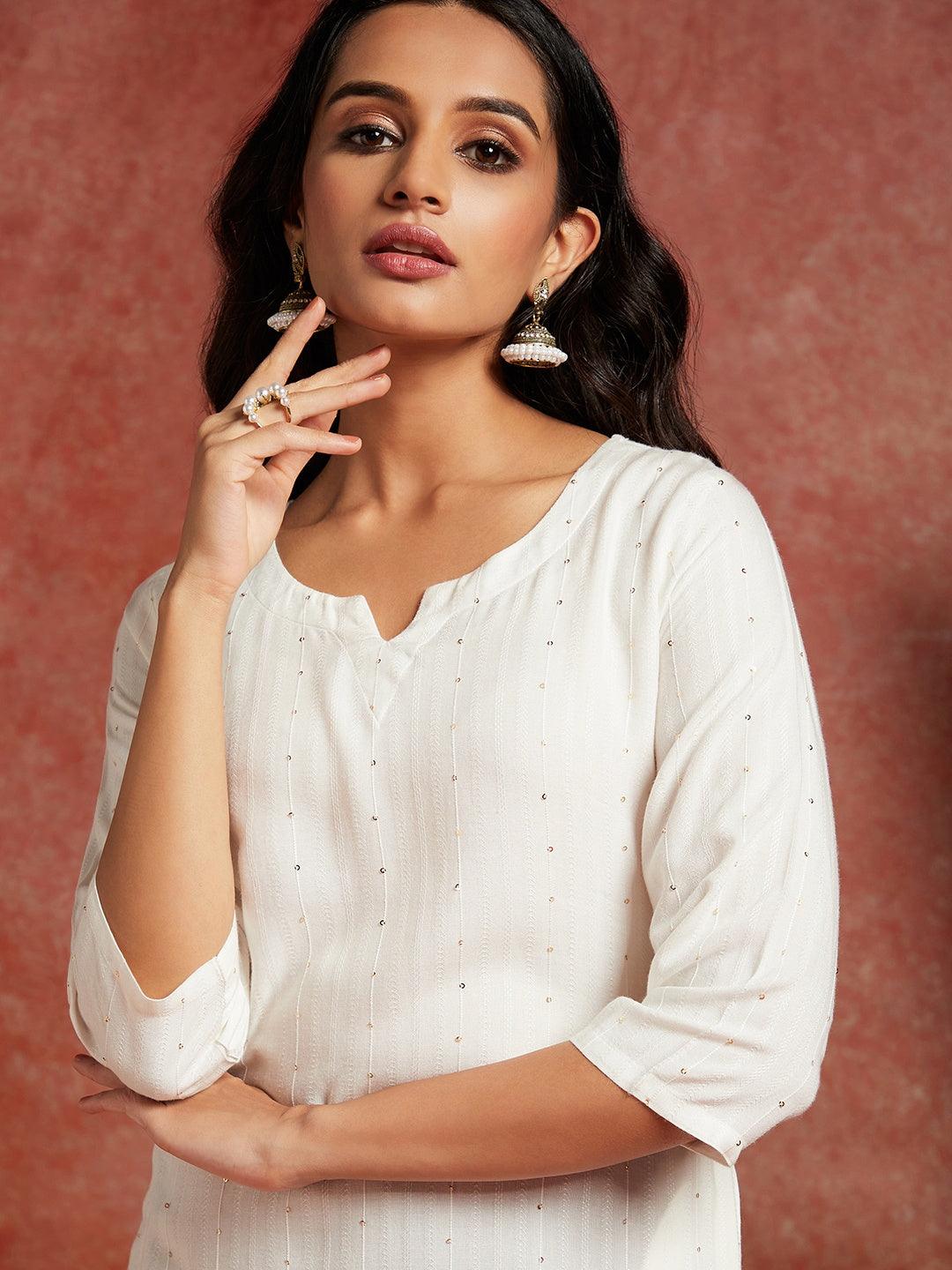 White Embellished Rayon Straight Kurta - Libas