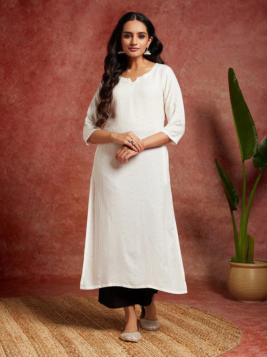 White Embellished Rayon Straight Kurta - Libas