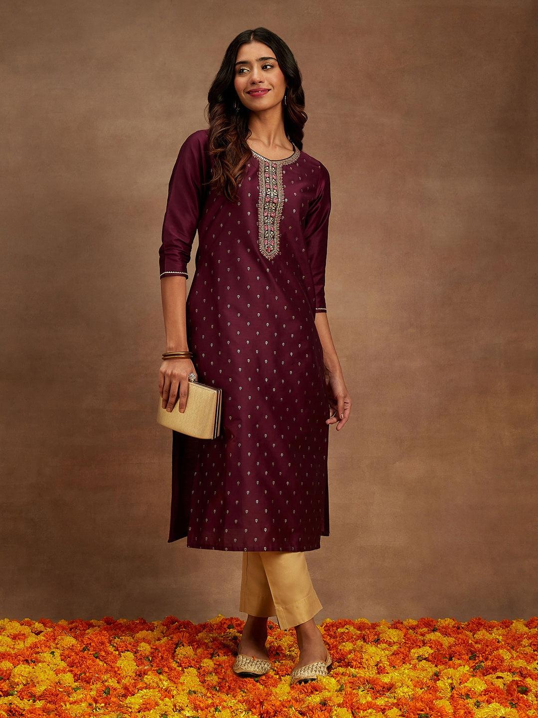 Wine Embellished Chanderi Silk Straight Kurta - Libas