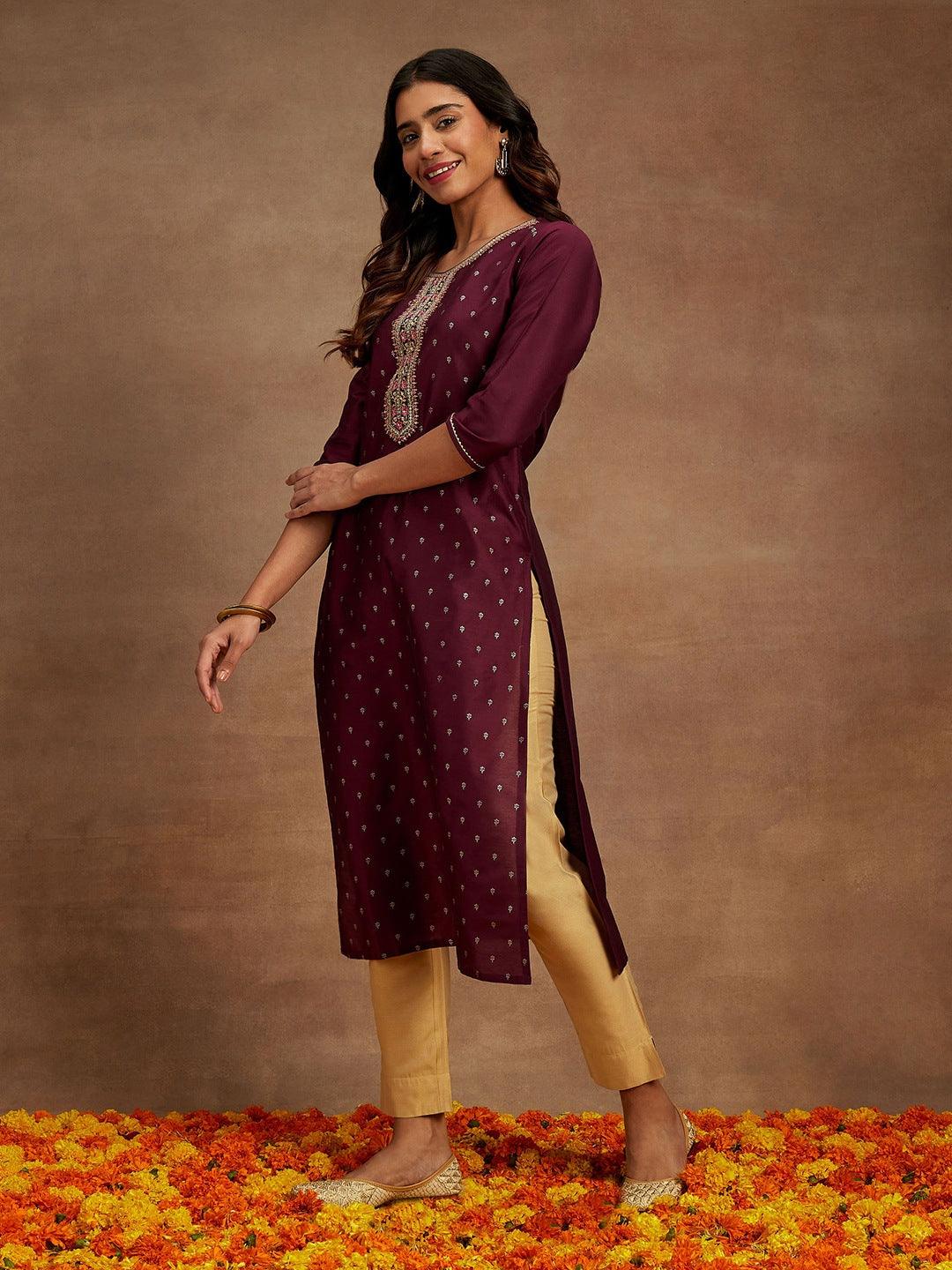 Wine Embellished Chanderi Silk Straight Kurta - Libas 