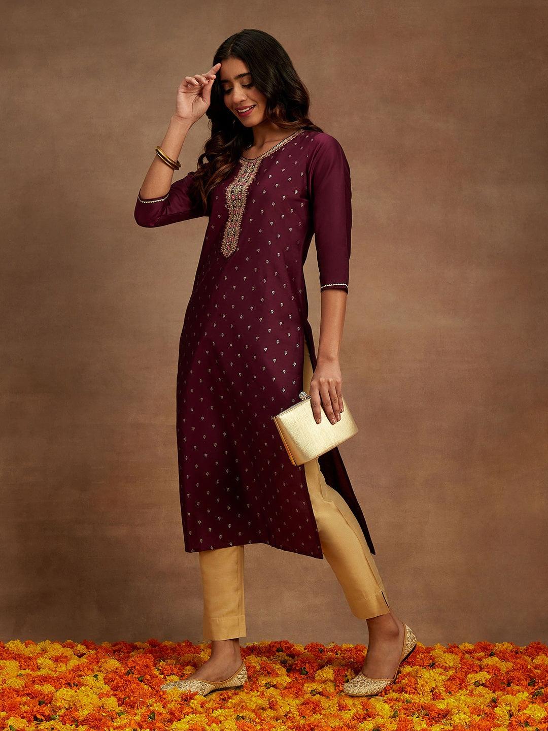 Wine Embellished Chanderi Silk Straight Kurta - Libas