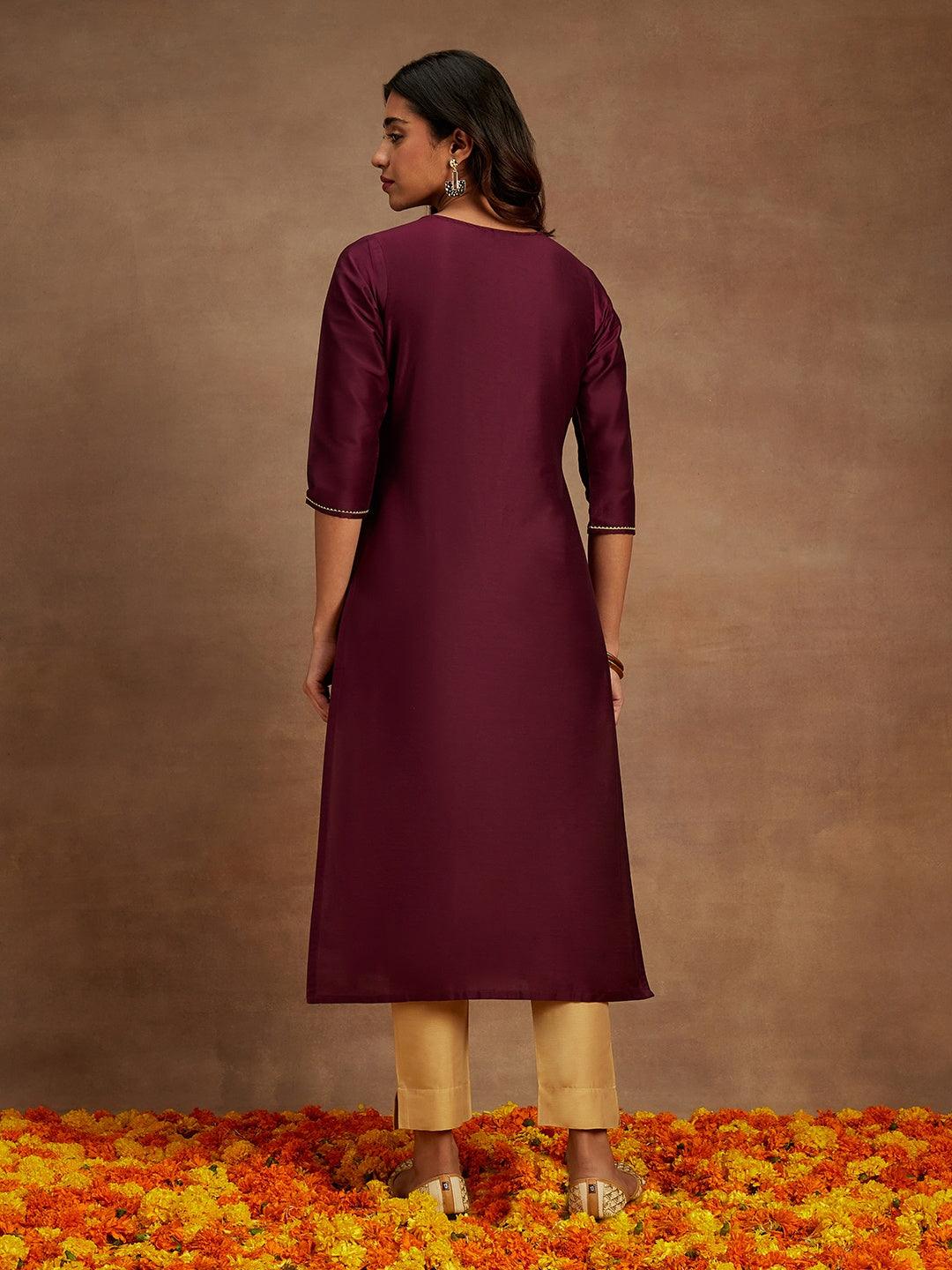 Wine Embellished Chanderi Silk Straight Kurta - Libas 