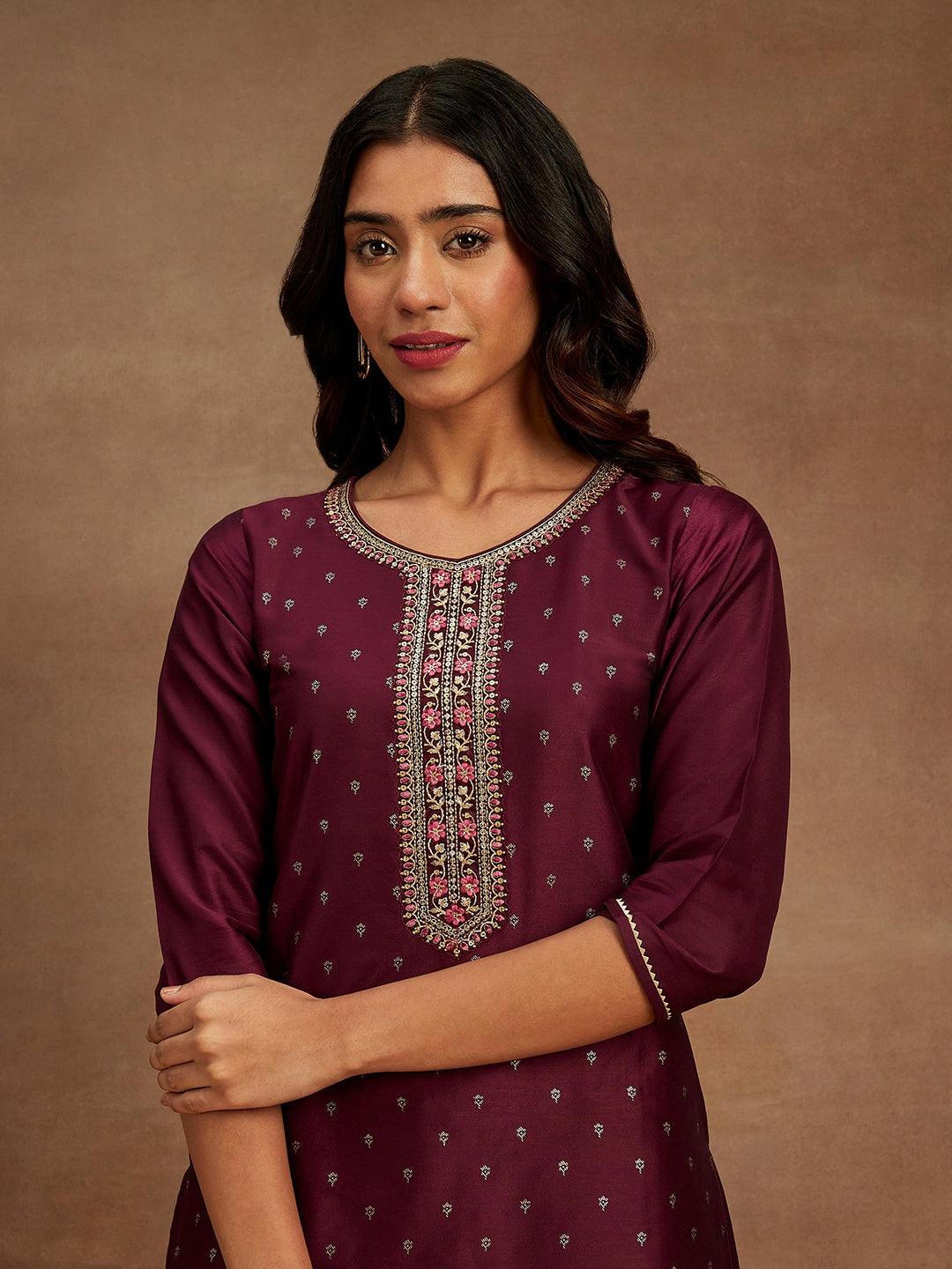 Wine Embellished Chanderi Silk Straight Kurta - Libas