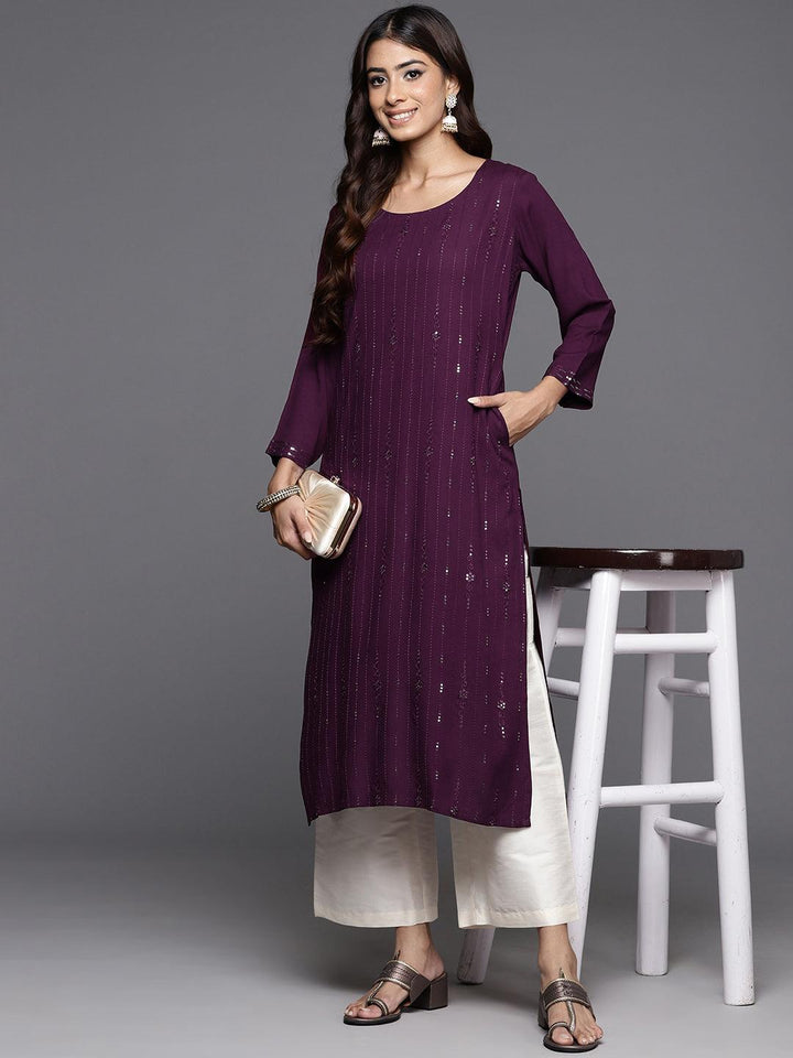 Wine Embroidered Rayon Straight Kurta - Libas