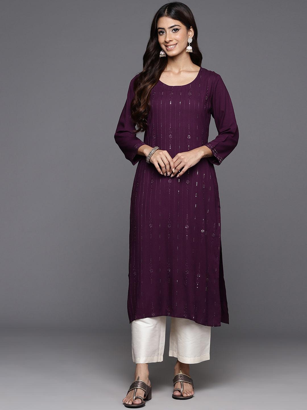 Wine Embroidered Rayon Straight Kurta - Libas