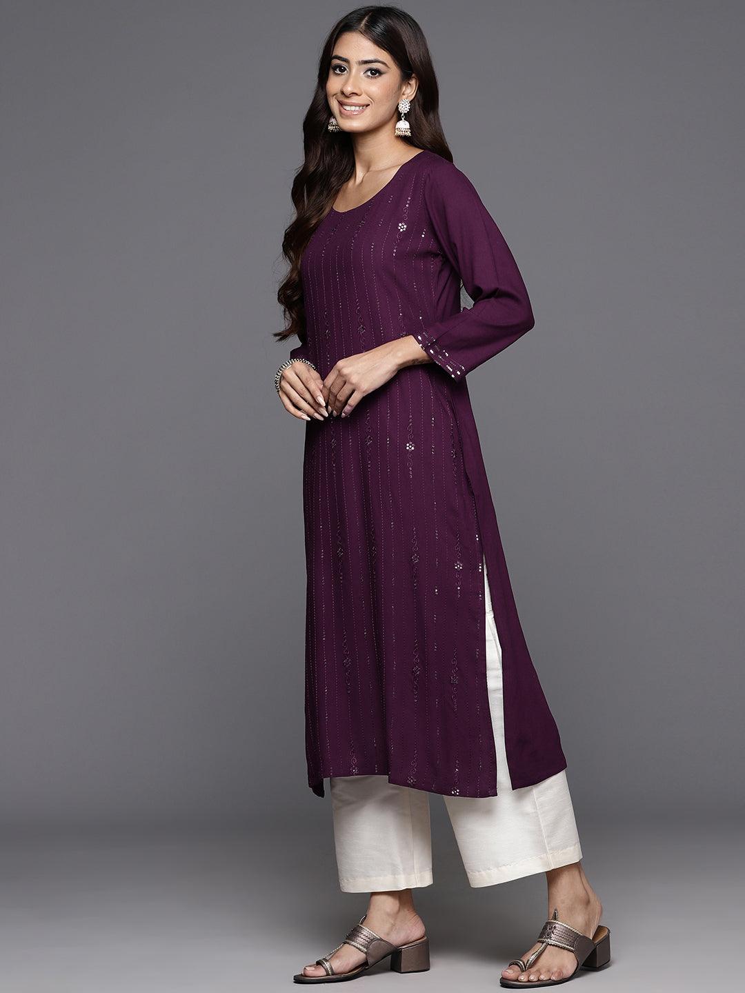 Wine Embroidered Rayon Straight Kurta - Libas