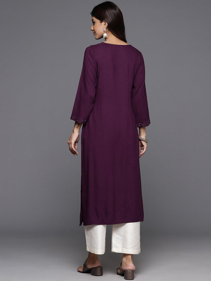 Wine Embroidered Rayon Straight Kurta - Libas