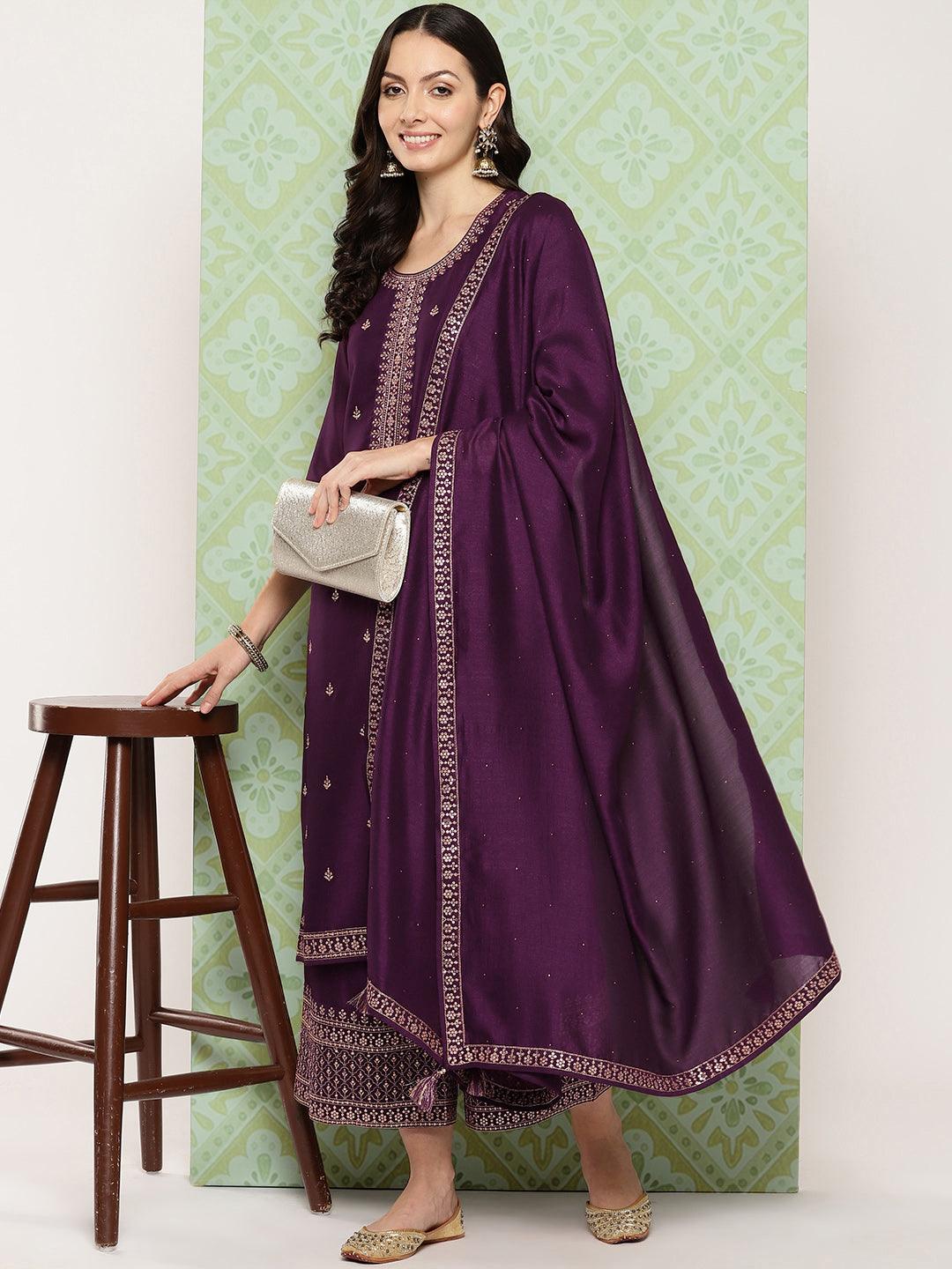 Wine Embroidered Silk Blend Straight Kurta With Palazzos & Dupatta - Libas