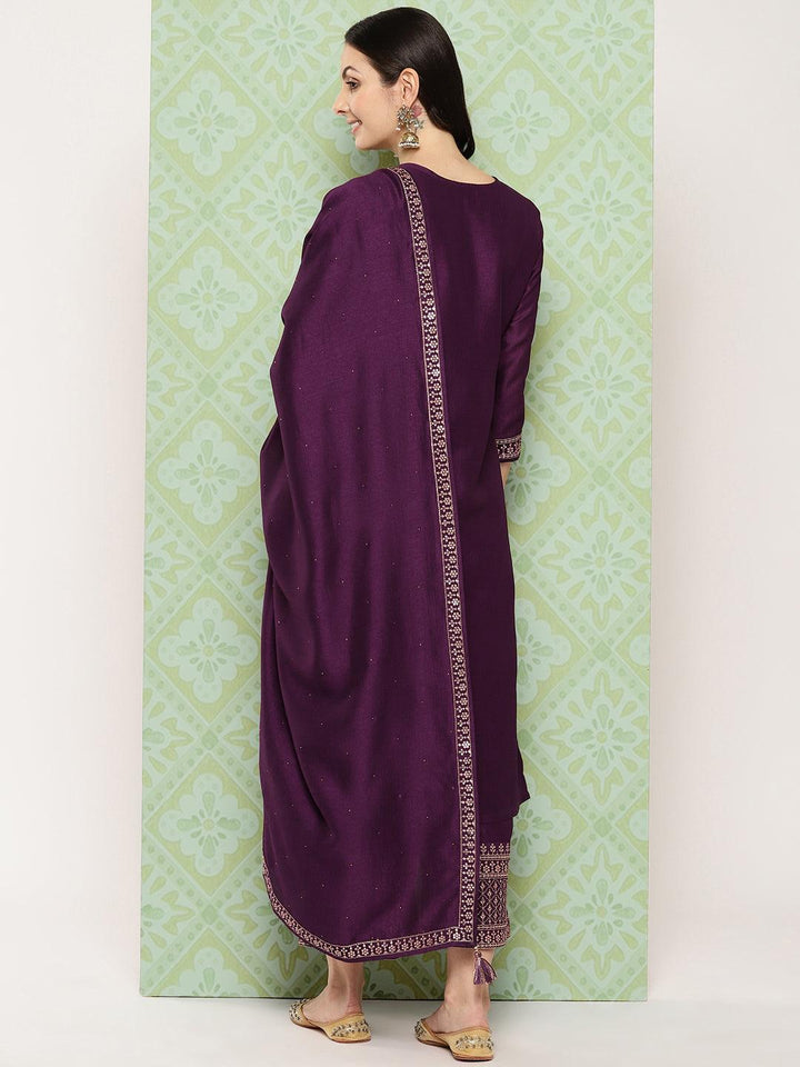 Wine Embroidered Silk Blend Straight Kurta With Palazzos & Dupatta - Libas