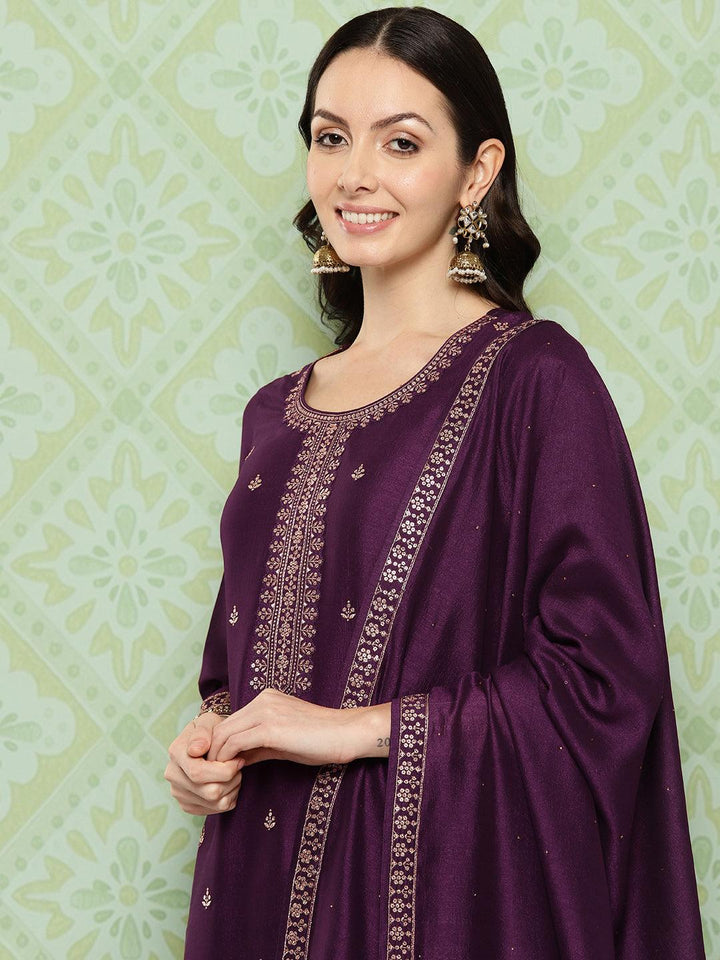 Wine Embroidered Silk Blend Straight Kurta With Palazzos & Dupatta - Libas