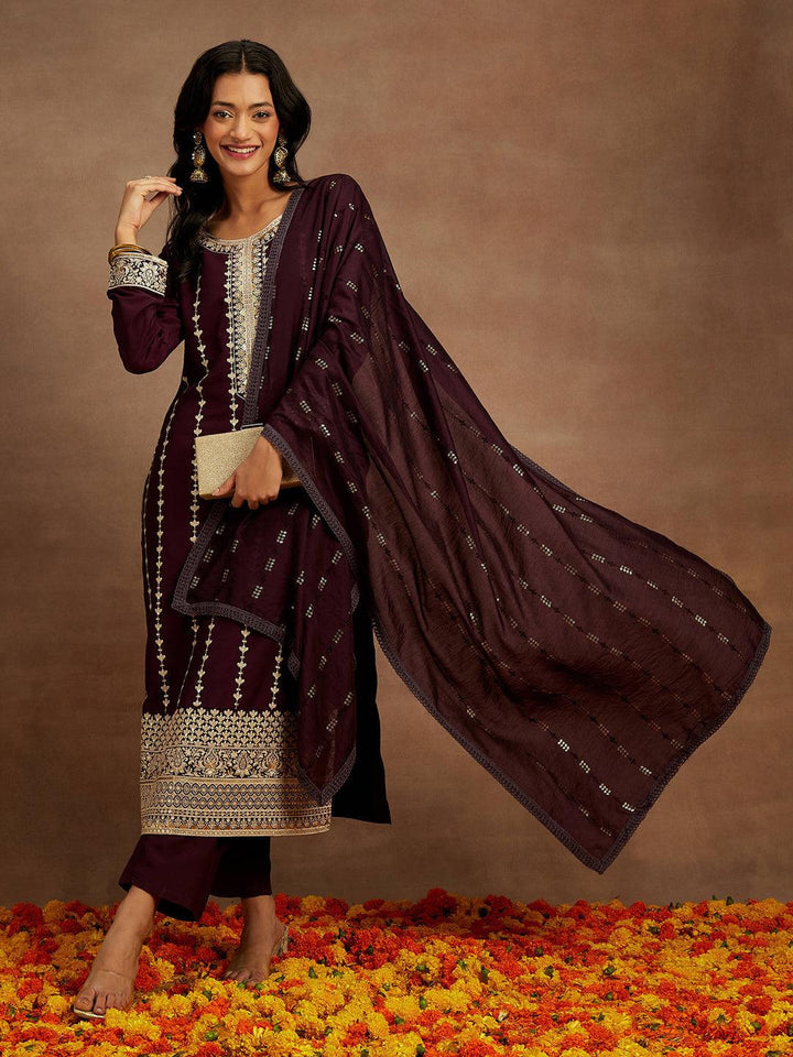 Wine Embroidered Silk Straight Kurta With Trousers & Dupatta - Libas