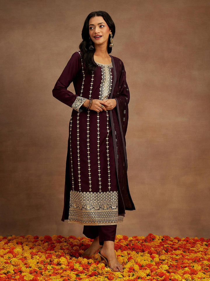 Wine Embroidered Silk Straight Kurta With Trousers & Dupatta - Libas