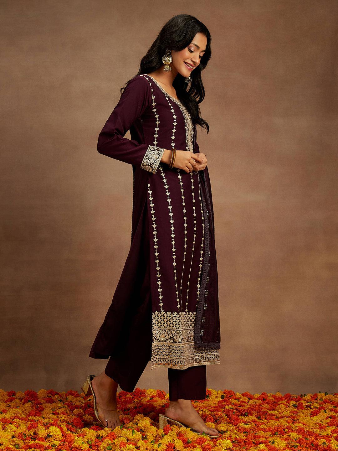 Wine Embroidered Silk Straight Kurta With Trousers & Dupatta - Libas