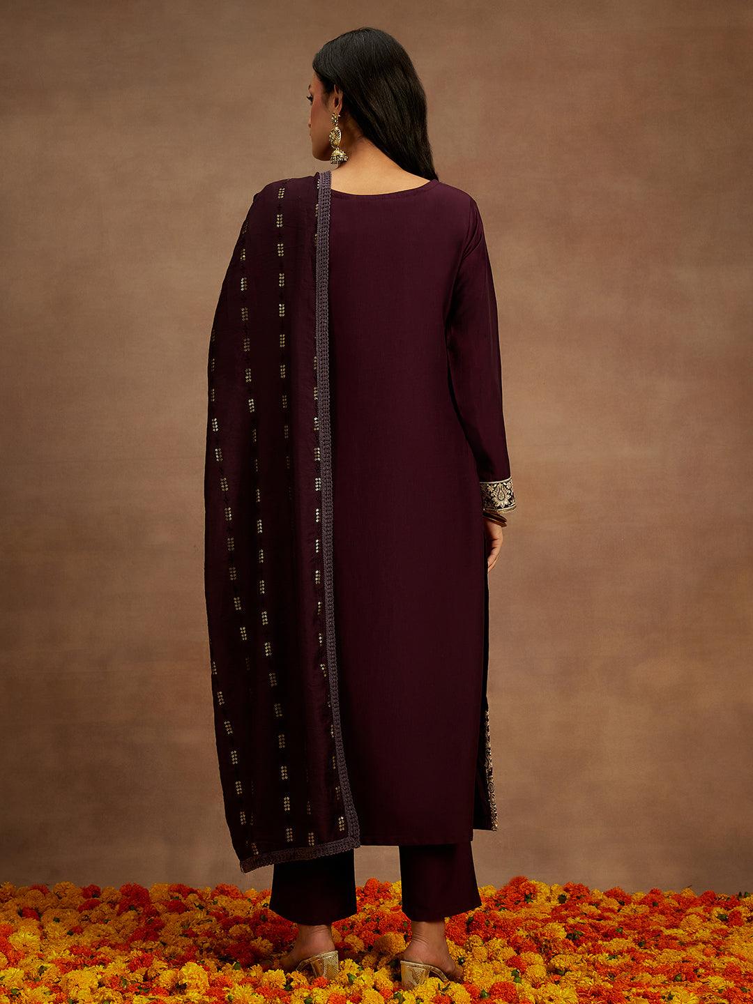 Wine Embroidered Silk Straight Kurta With Trousers & Dupatta - Libas