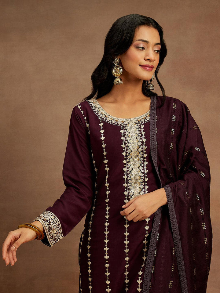 Wine Embroidered Silk Straight Kurta With Trousers & Dupatta - Libas