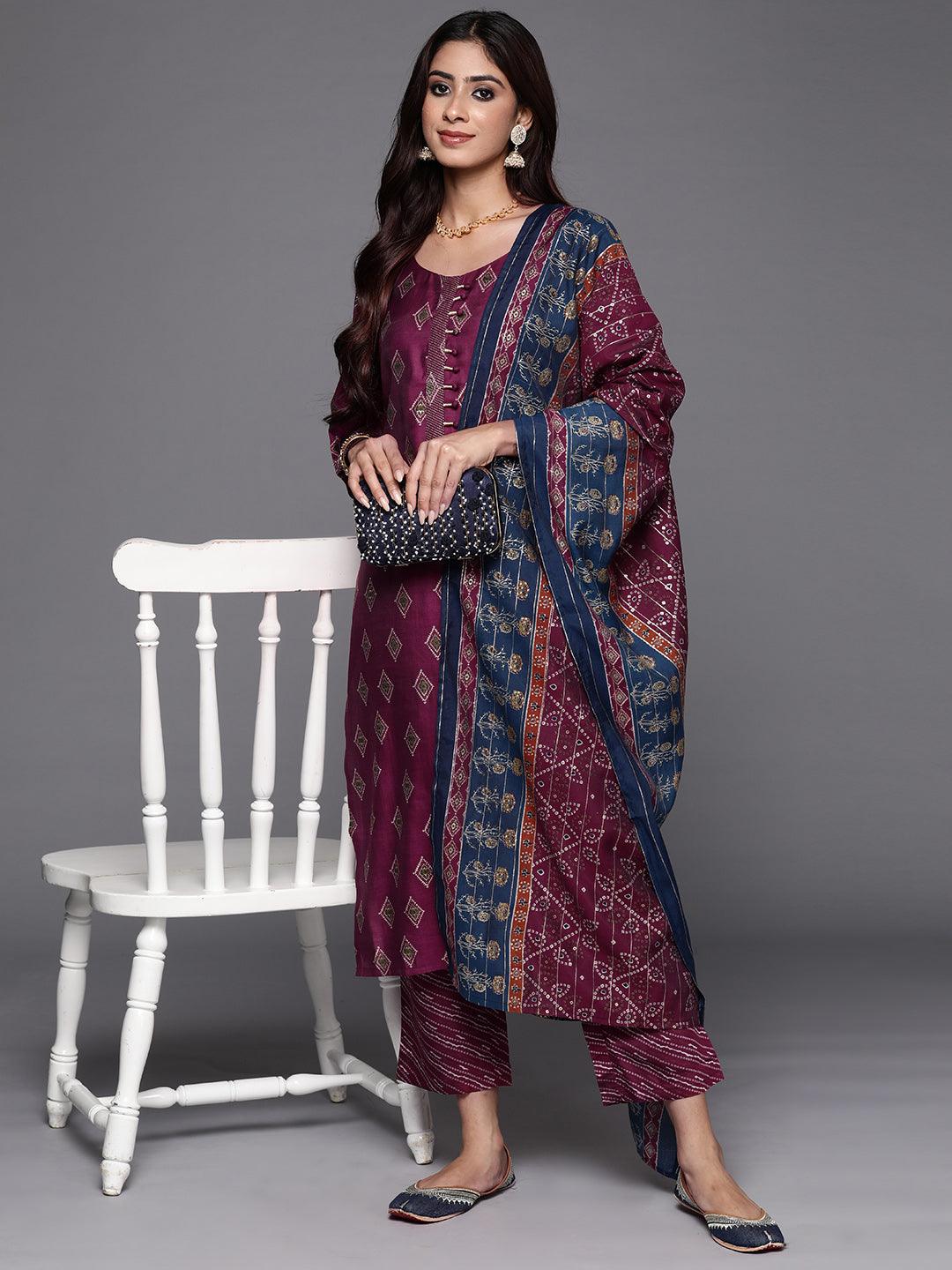 Wine Printed Silk Blend Straight Kurta With Trousers & Dupatta - Libas