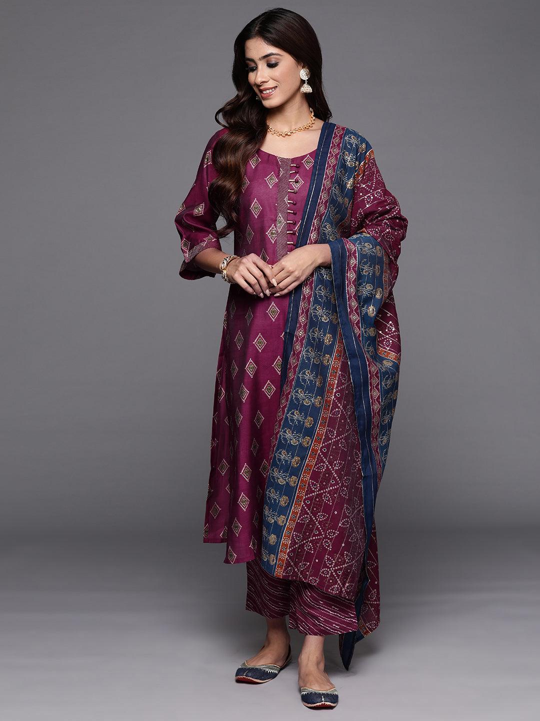 Wine Printed Silk Blend Straight Kurta With Trousers & Dupatta - Libas