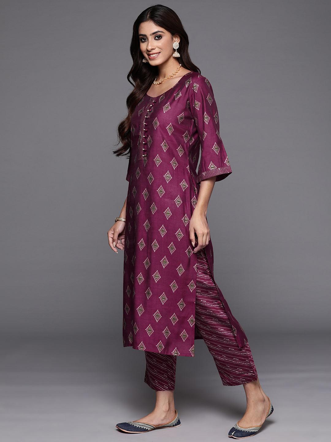 Wine Printed Silk Blend Straight Kurta With Trousers & Dupatta - Libas