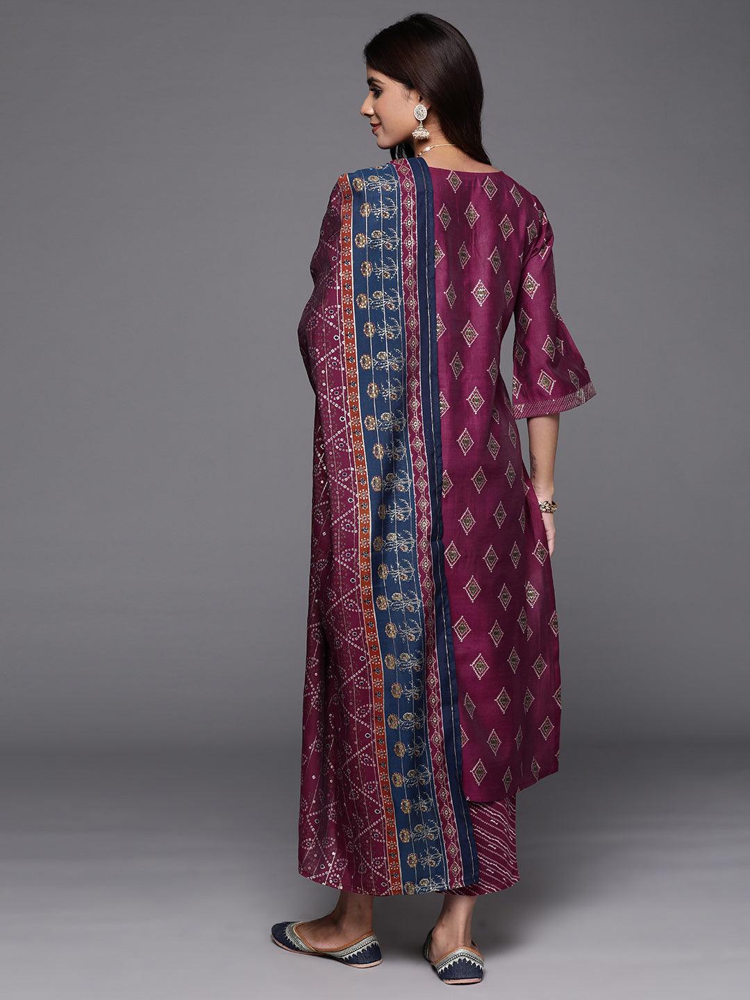 Wine Printed Silk Blend Straight Kurta With Trousers & Dupatta - Libas