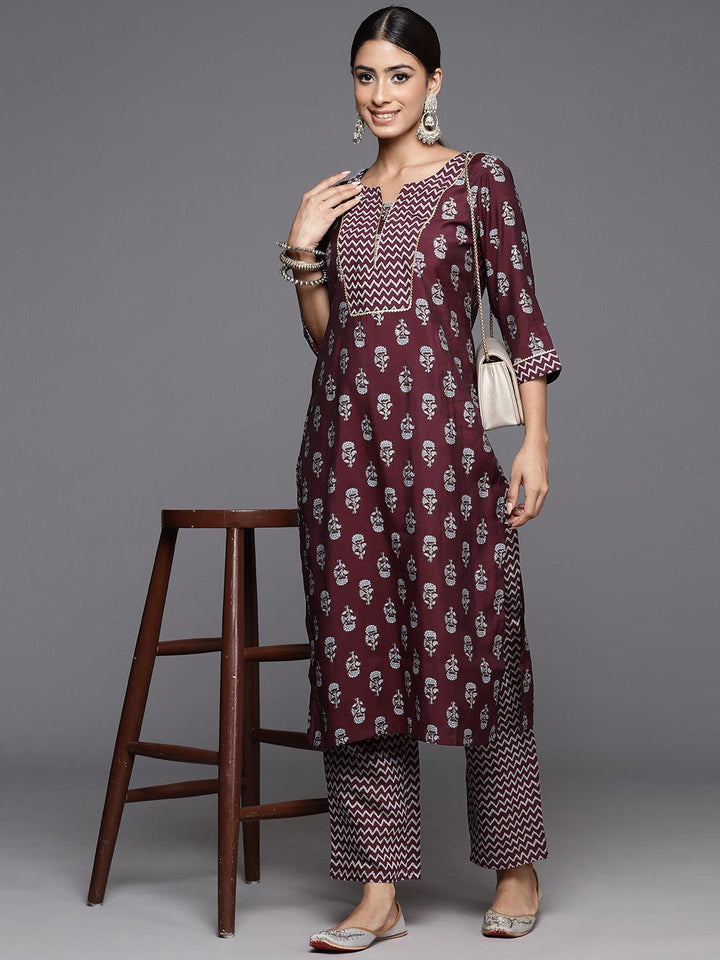 Wine Printed Silk Blend Straight Kurta With Trousers - Libas