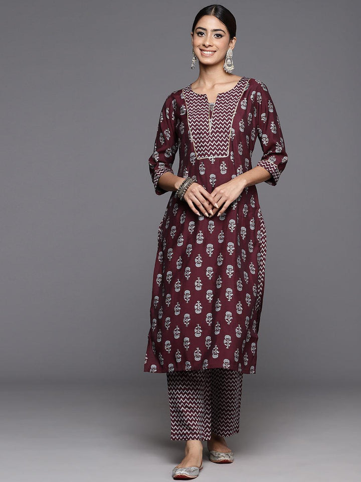 Wine Printed Silk Blend Straight Kurta With Trousers - Libas