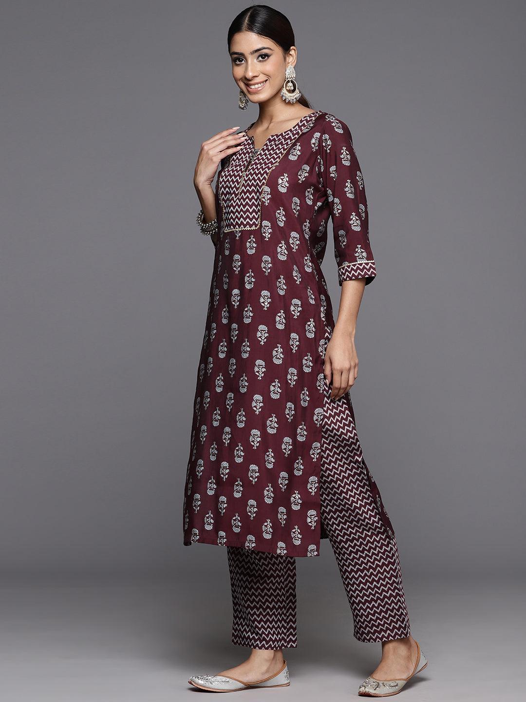 Wine Printed Silk Blend Straight Kurta With Trousers - Libas