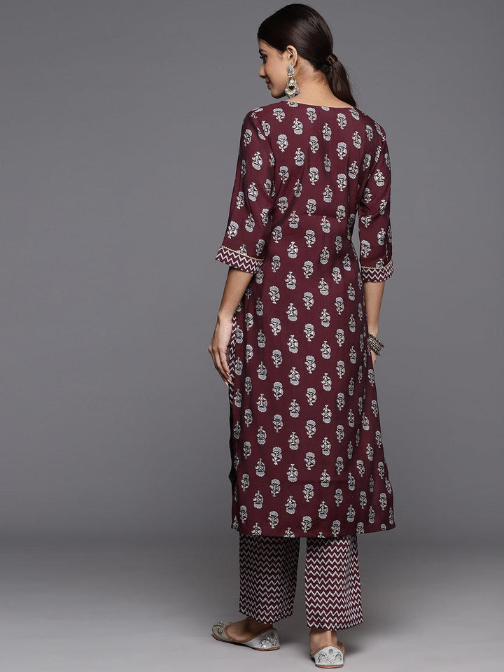 Wine Printed Silk Blend Straight Kurta With Trousers - Libas