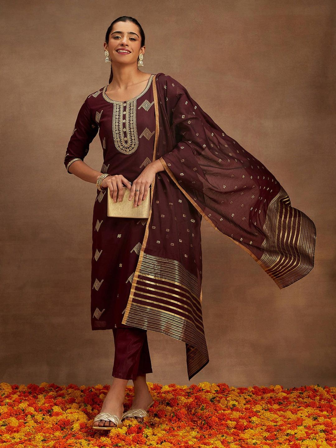 Wine Woven Design Chanderi Silk Straight Kurta With Trousers & Dupatta - Libas