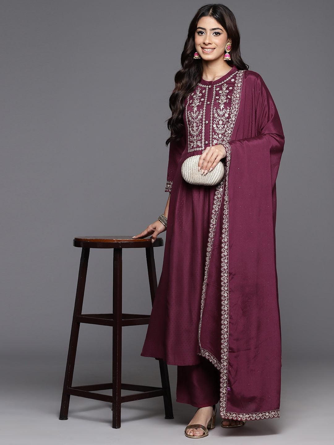 Wine Yoke Design Silk Blend Anarkali Kurta With Palazzos & Dupatta - Libas