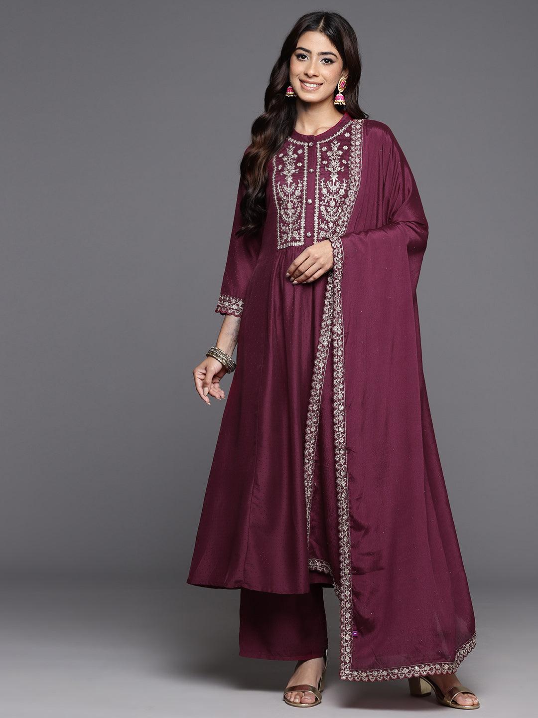 Wine Yoke Design Silk Blend Anarkali Kurta With Palazzos & Dupatta - Libas