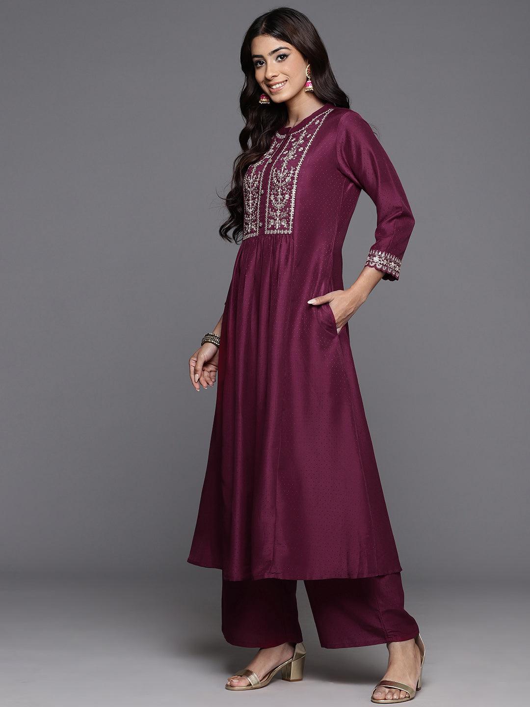 Wine Yoke Design Silk Blend Anarkali Kurta With Palazzos & Dupatta - Libas 