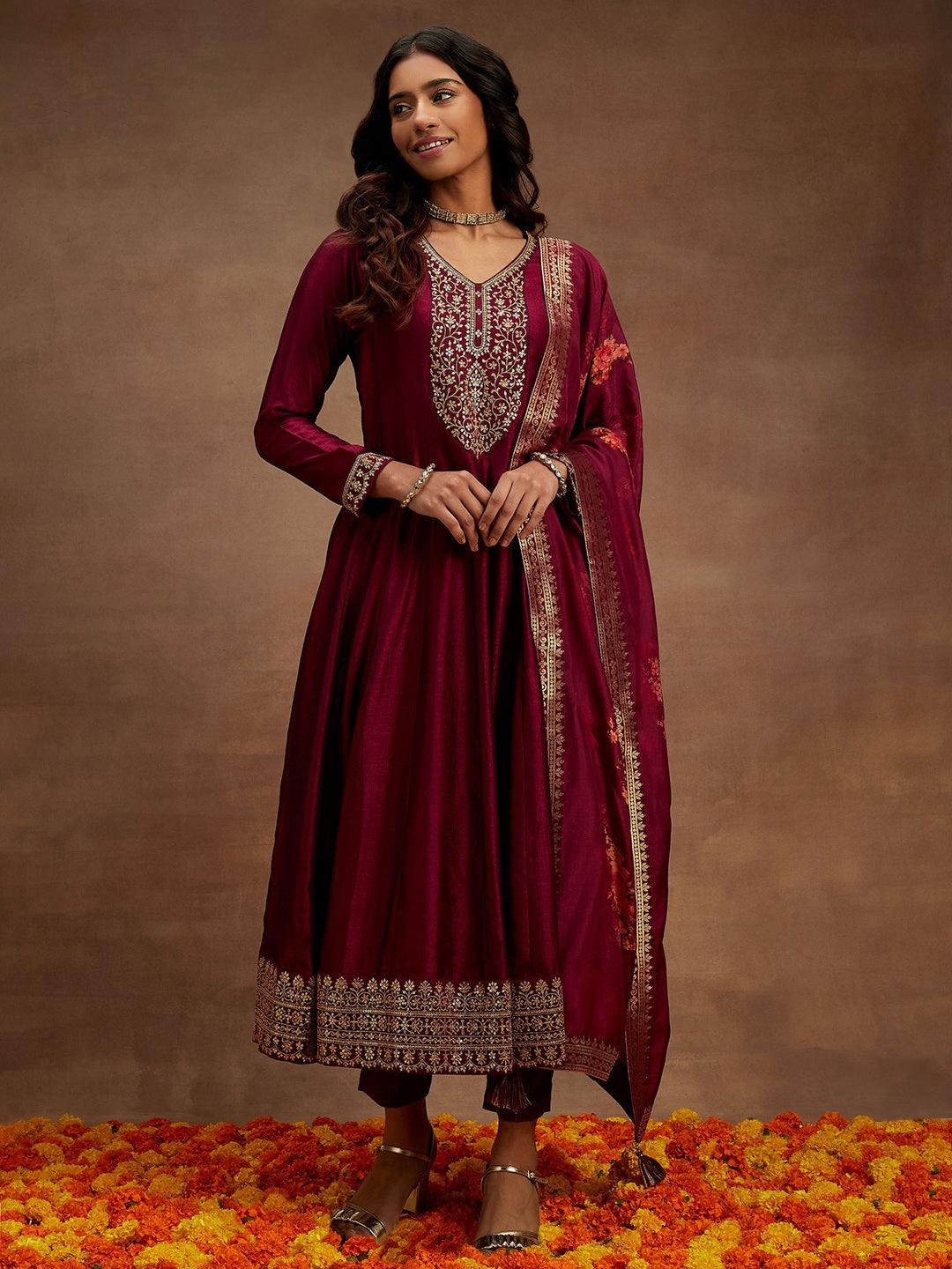 Wine Yoke Design Silk Blend Anarkali Kurta With Trousers & Dupatta - Libas