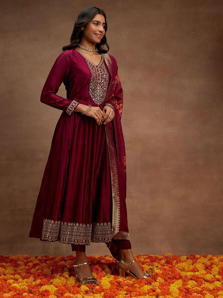 Wine Yoke Design Silk Blend Anarkali Kurta With Trousers & Dupatta - Libas