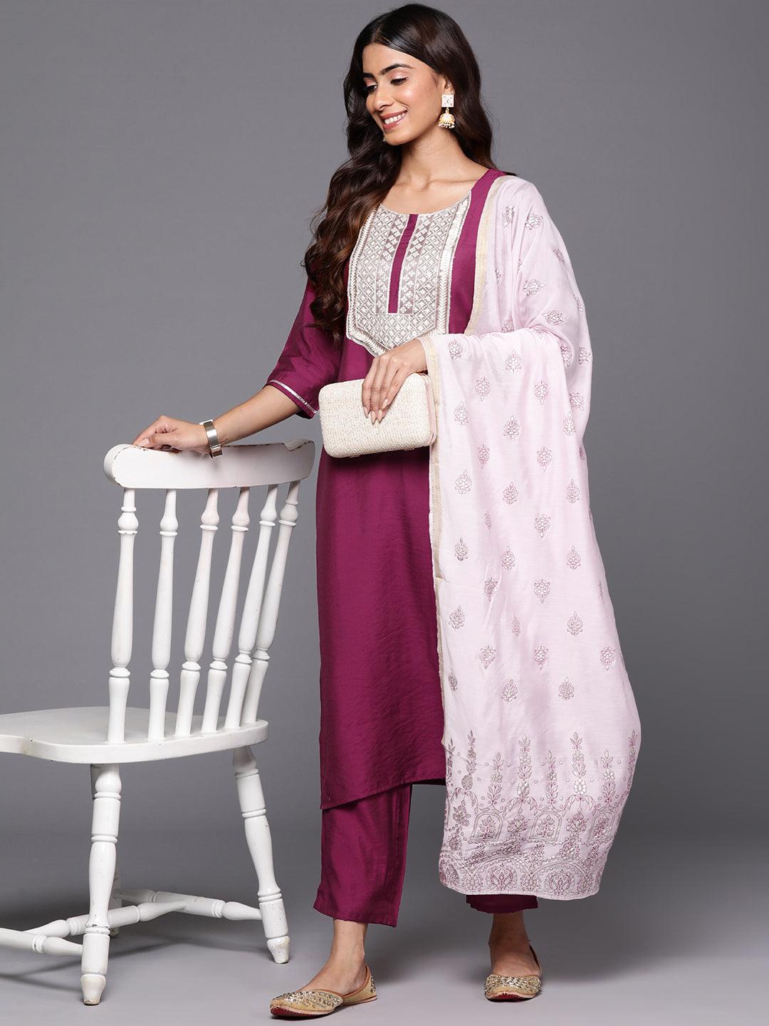 Wine Yoke Design Silk Blend Straight Kurta With Trousers & Dupatta - Libas