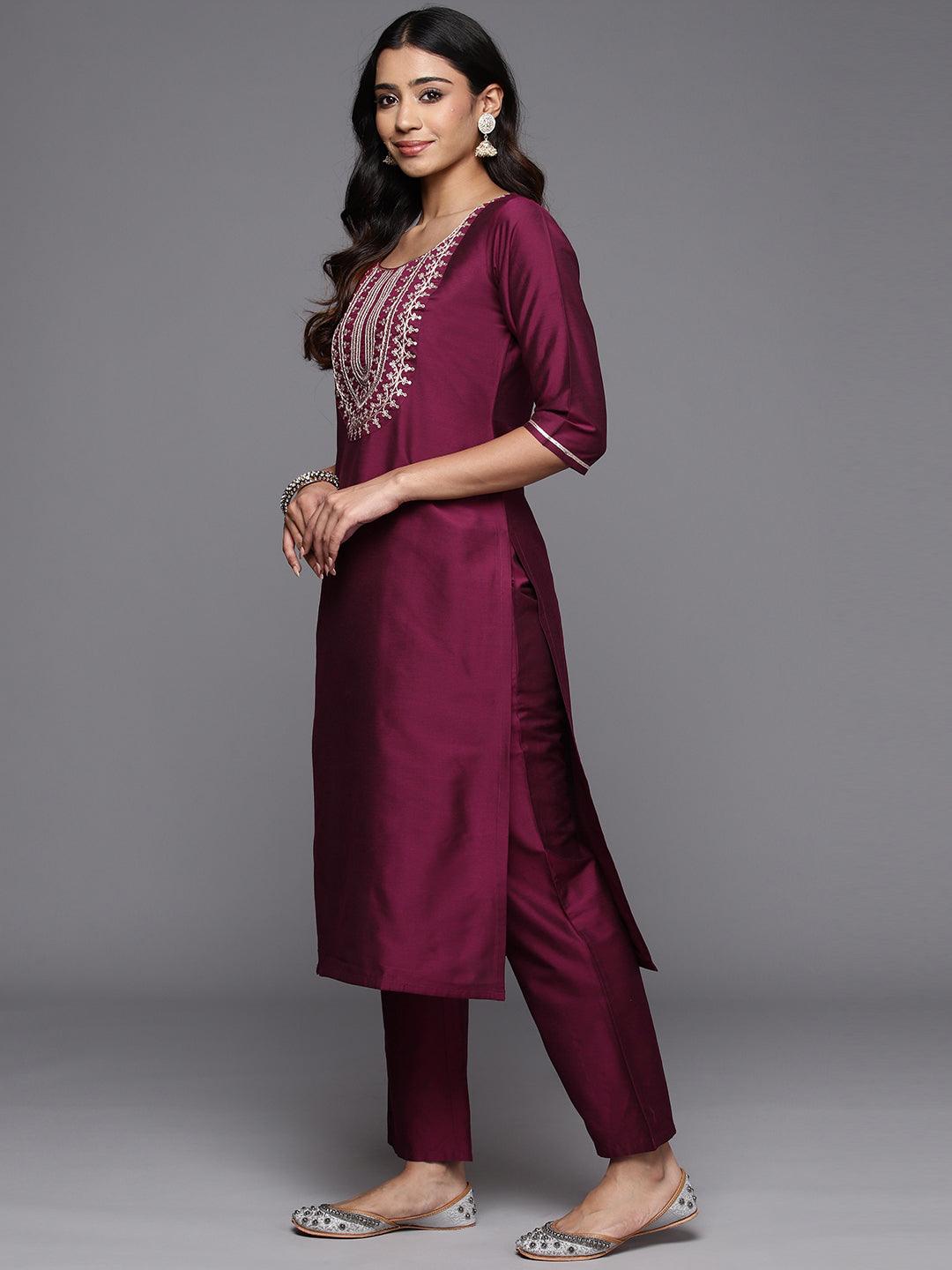 Wine Yoke Design Silk Blend Straight Kurta With Trousers & Dupatta - Libas 