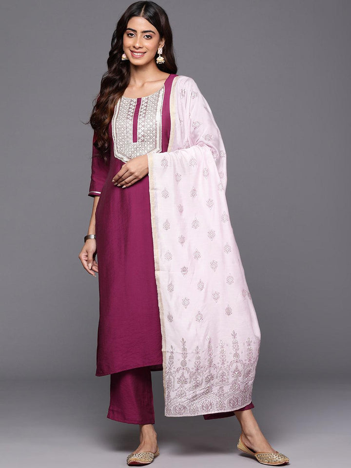 Wine Yoke Design Silk Blend Straight Kurta With Trousers & Dupatta - Libas