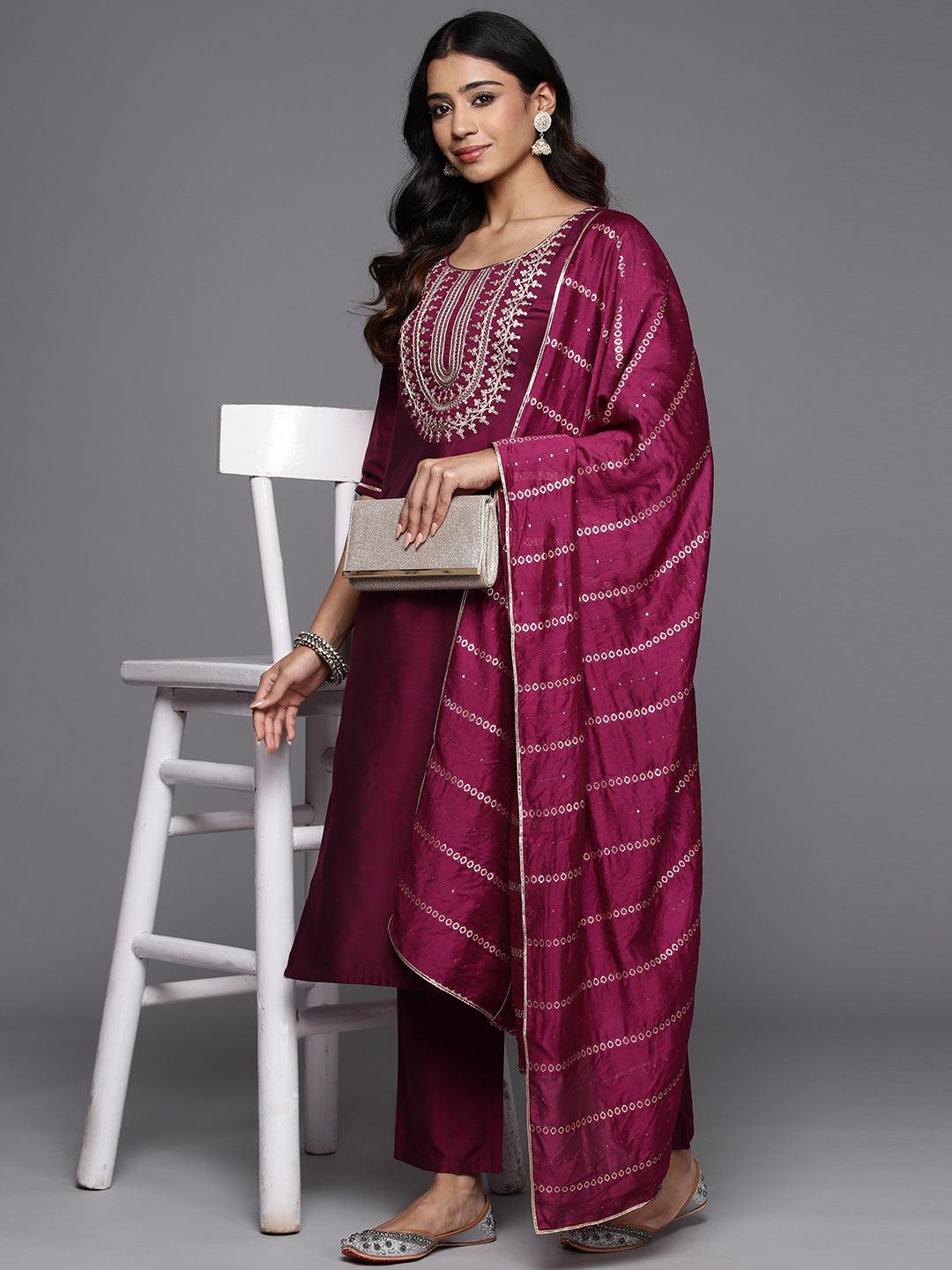 Wine Yoke Design Silk Blend Straight Kurta With Trousers & Dupatta - Libas 