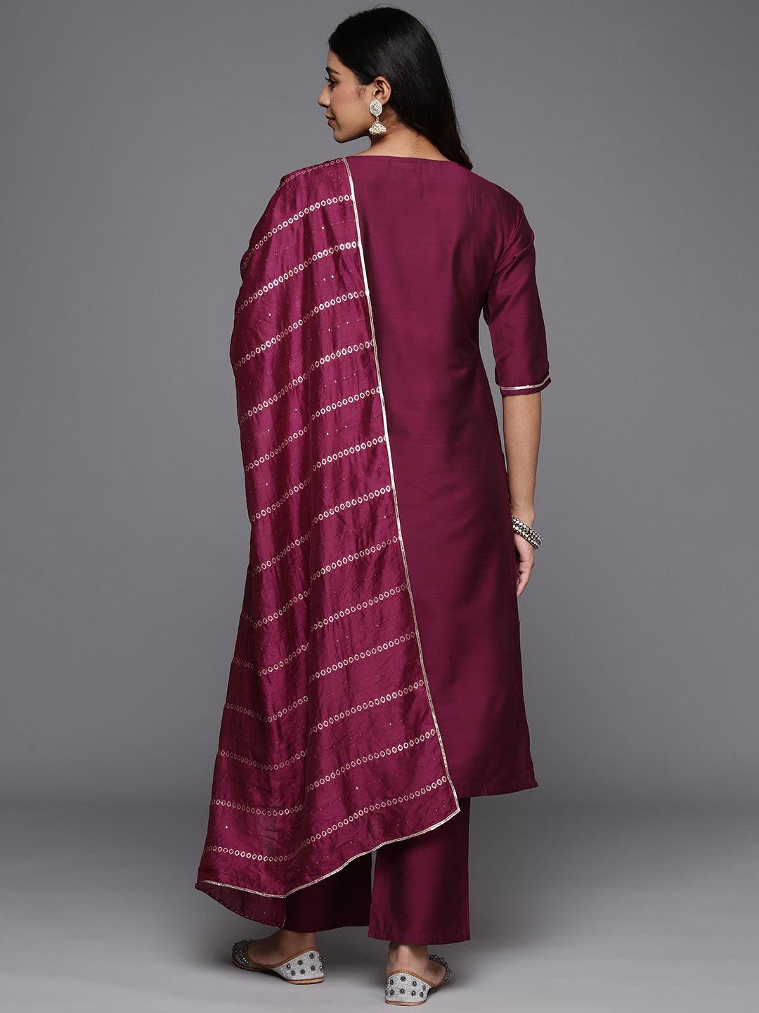 Wine Yoke Design Silk Blend Straight Kurta With Trousers & Dupatta - Libas 