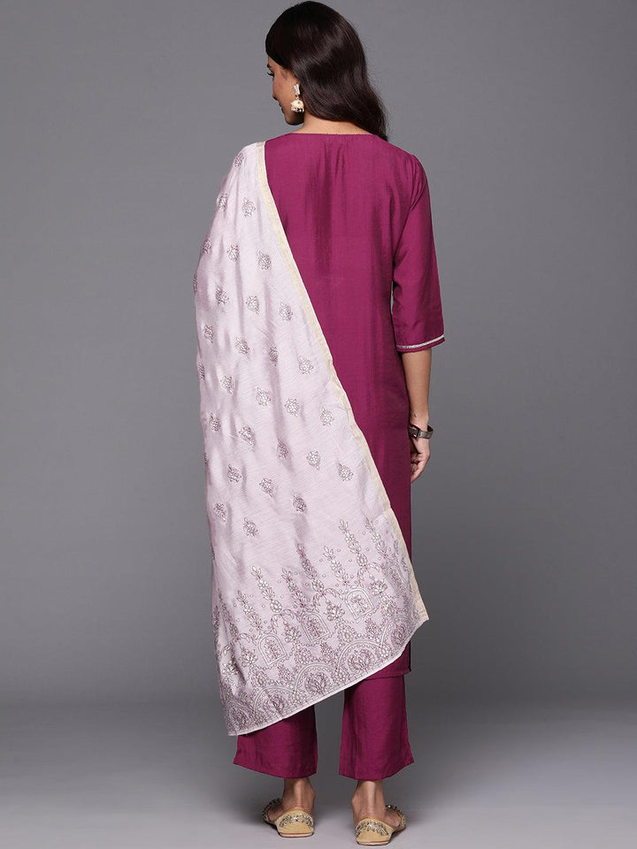 Wine Yoke Design Silk Blend Straight Kurta With Trousers & Dupatta - Libas