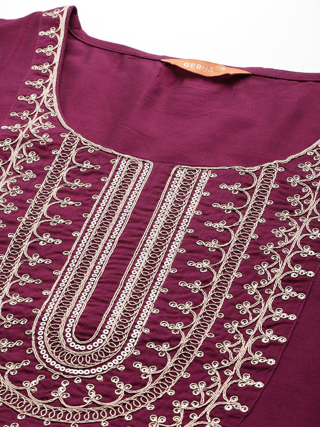 Wine Yoke Design Silk Blend Straight Kurta With Trousers & Dupatta - Libas 