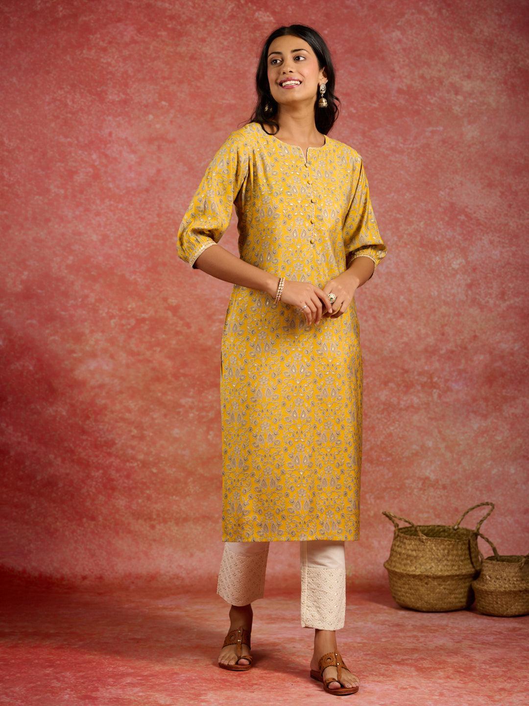 Yellow Printed Silk Straight Kurta - Libas 