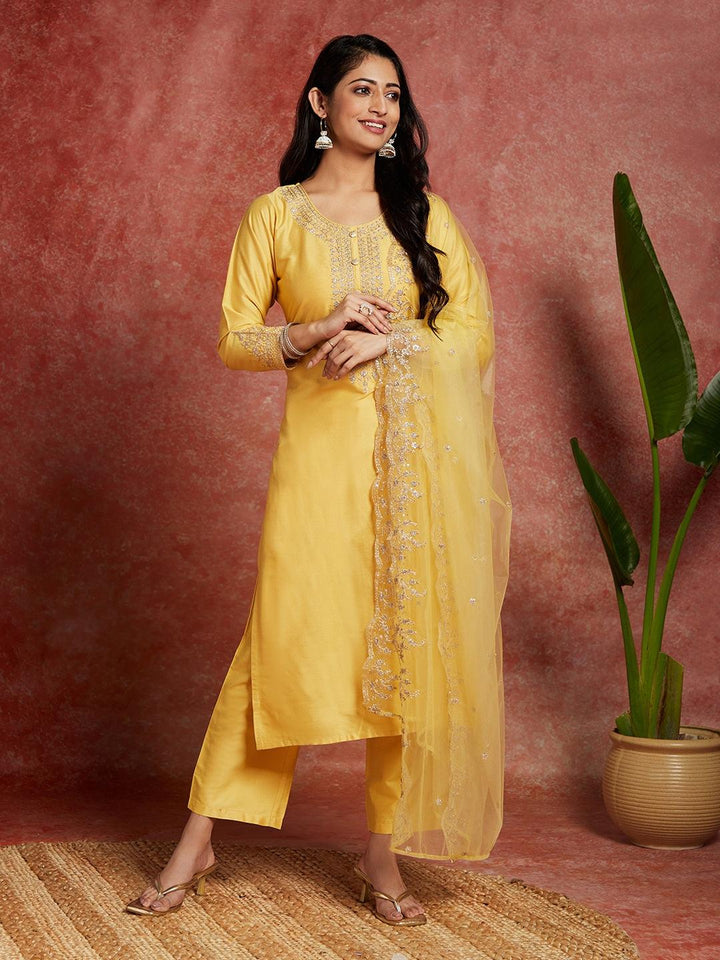 Yellow Yoke Design Silk Blend Straight Kurta With Trousers & Dupatta - Libas