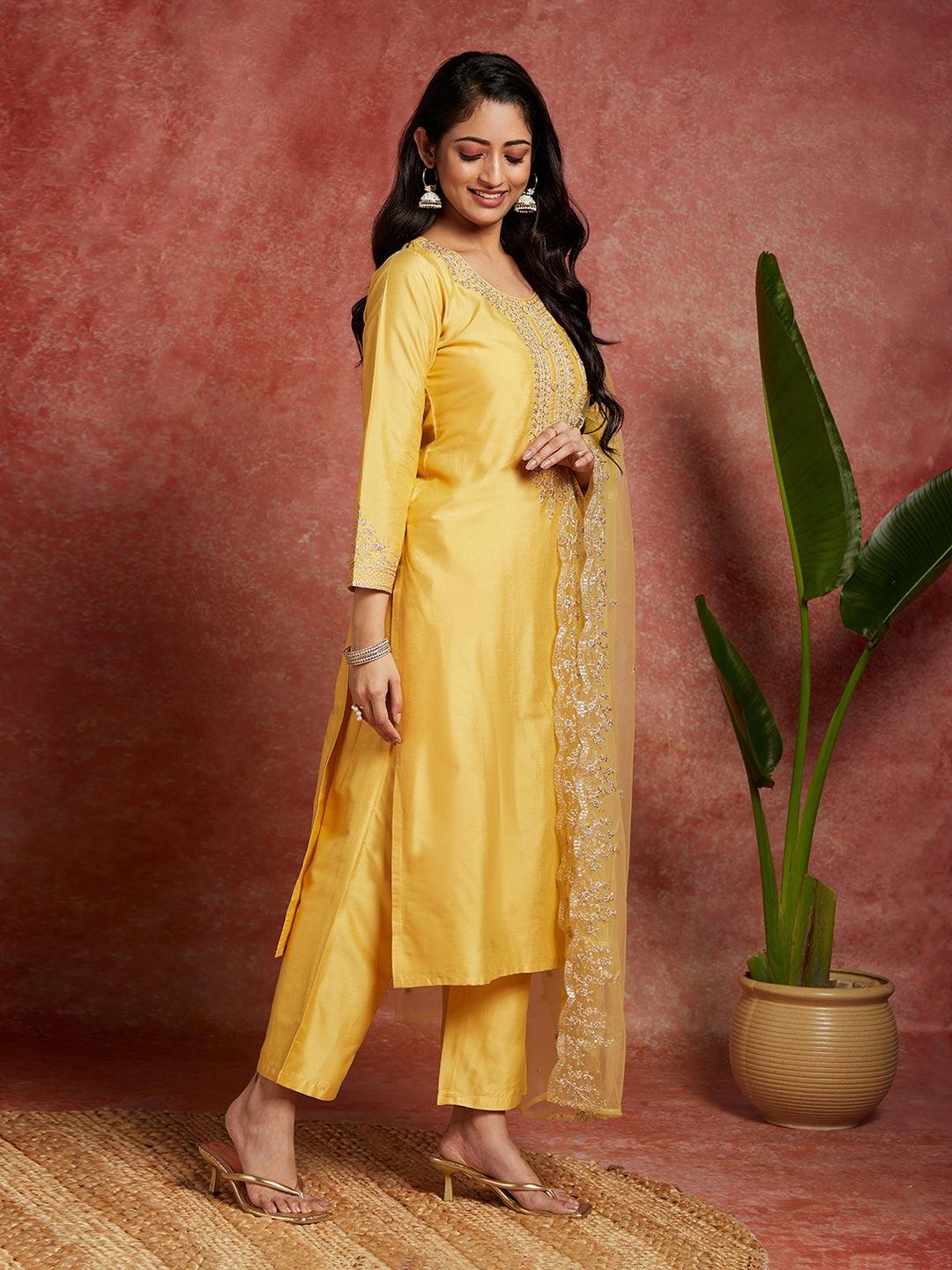 Yellow Yoke Design Silk Blend Straight Kurta With Trousers & Dupatta - Libas