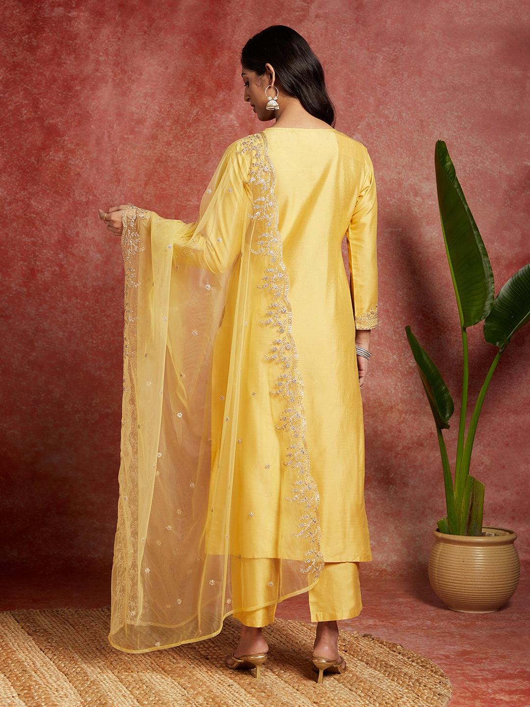 Yellow Yoke Design Silk Blend Straight Kurta With Trousers & Dupatta - Libas